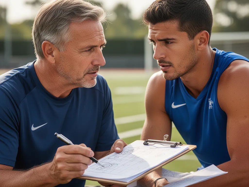 Sports manager in professional discussion with athlete, reviewing strategy and providing coaching feedback