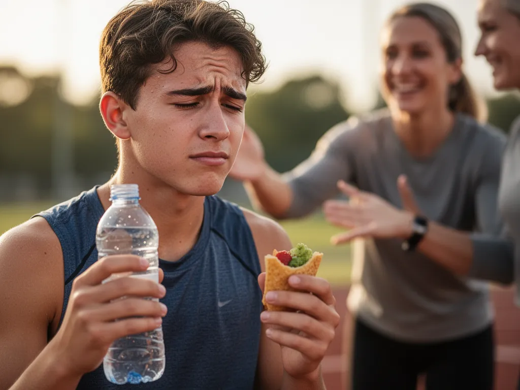 Young athlete drinking water and eating healthy snack with supportive adult visible in background after training
