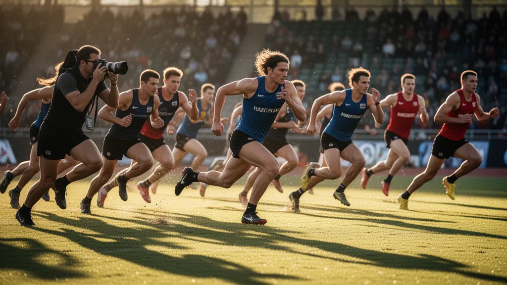 Multiple athletes in motion competing outdoors with natural sunlight and dynamic energy captured during sports competition