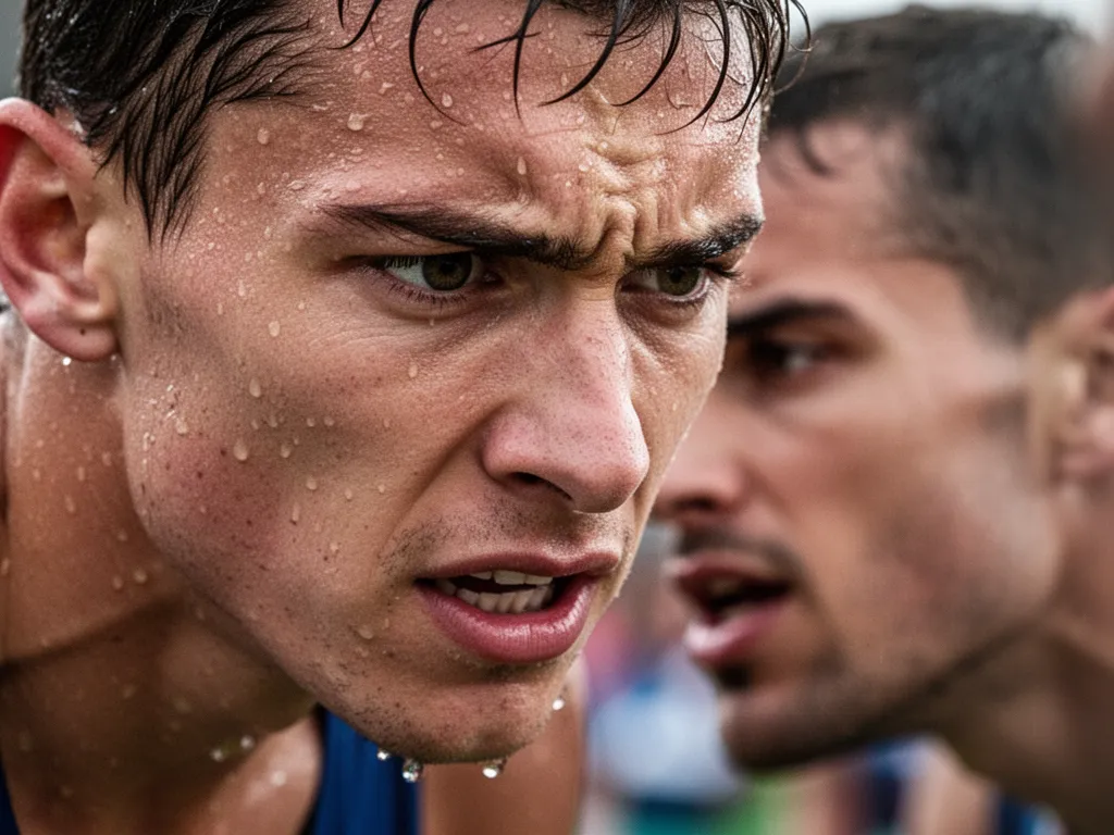 Close-up of determined athlete's face showing intensity, sweat, and emotional focus during competitive sports moment
