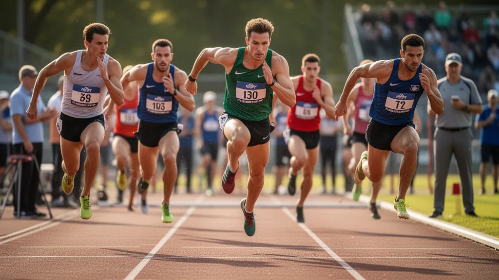 Multiple track athletes sprinting during outdoor competition with natural lighting and spectators in blurred background