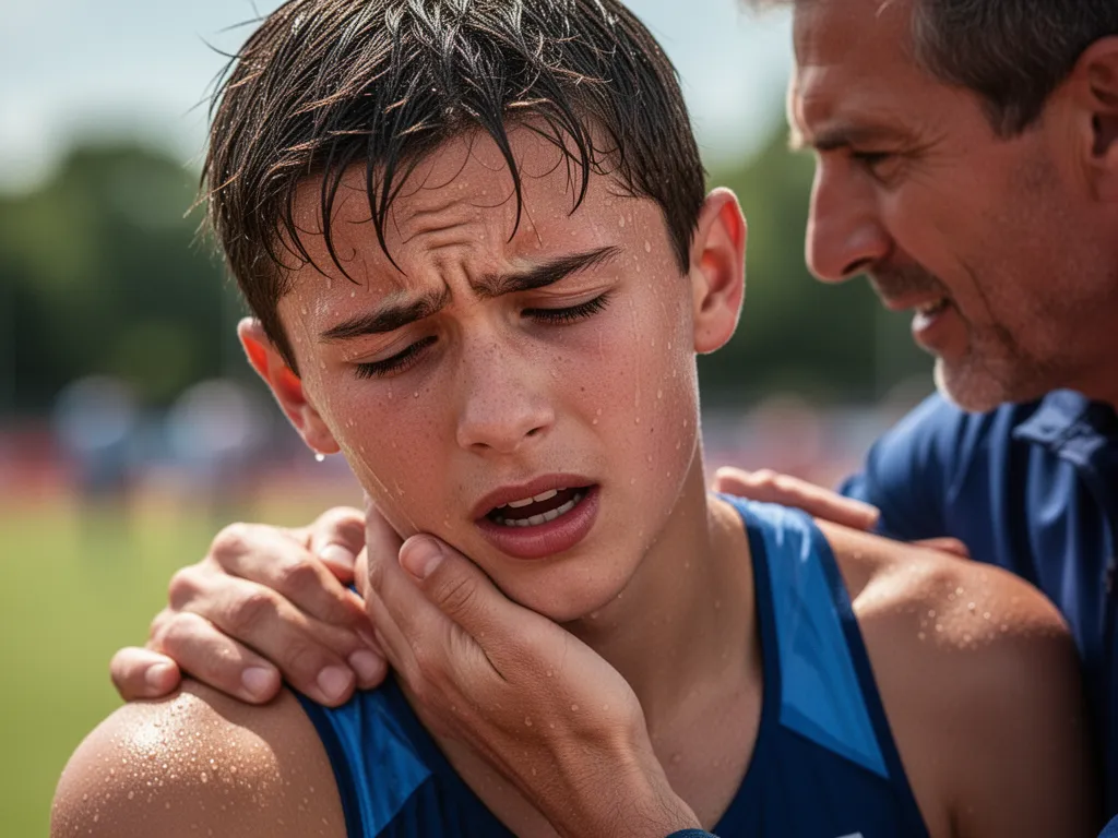 Exhausted young athlete receiving encouragement from coach after intense sporting competition outdoors