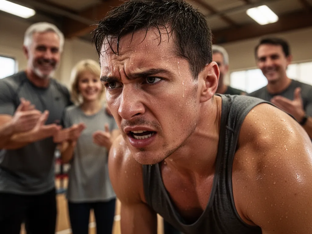 Athlete's focused face during performance with supportive coaches and family members visible in blurred background