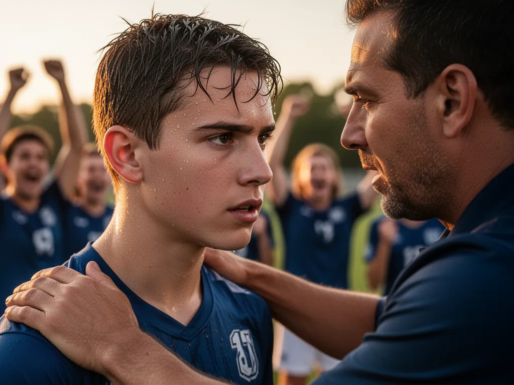 Young athlete receiving encouraging instruction from coach with supportive teammates visible behind them