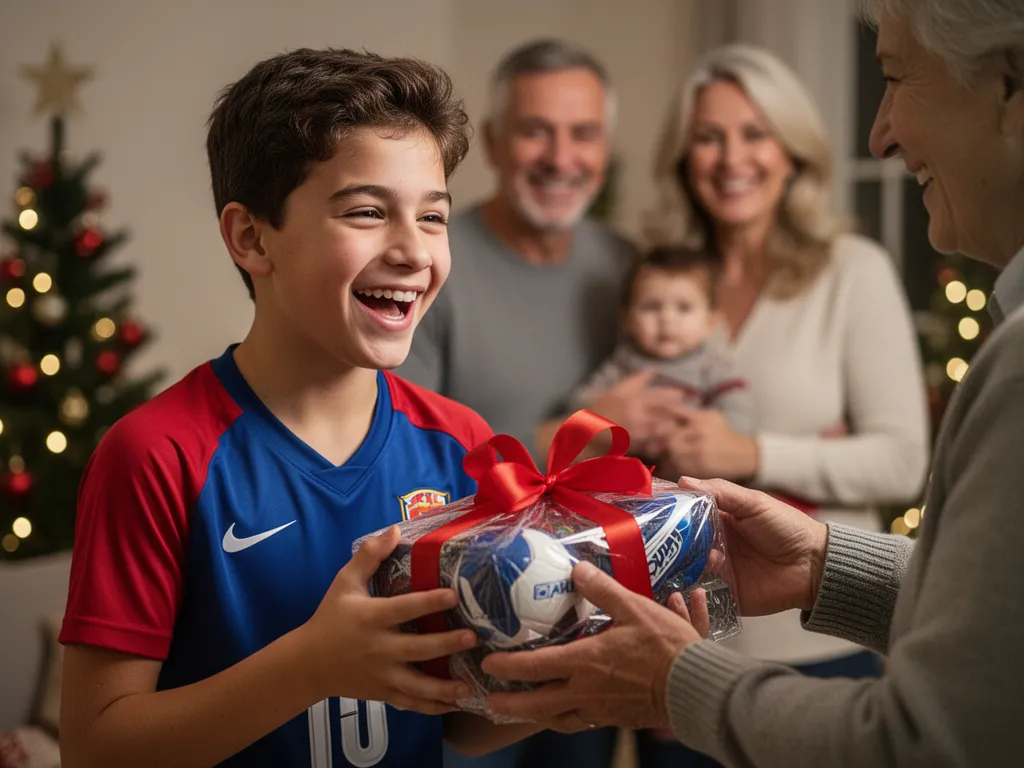 Young athlete opening wrapped sports gift with family members smiling in warm indoor setting