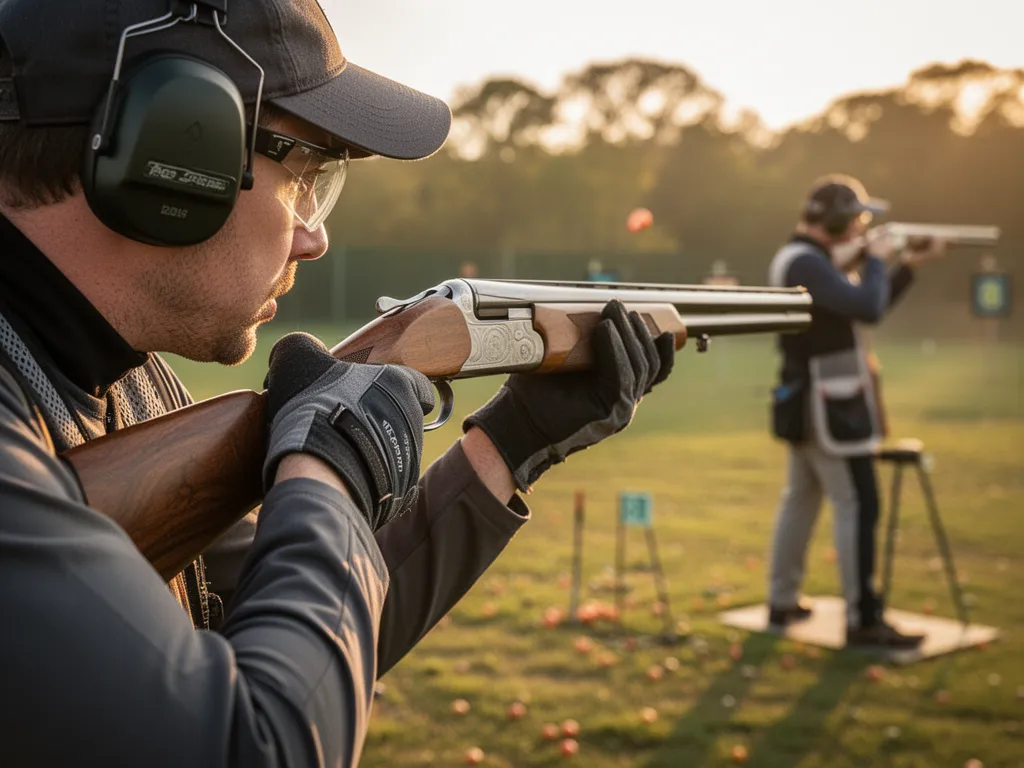 Shooter's hands gripping shotgun with focused expression during clay target competition at outdoor range