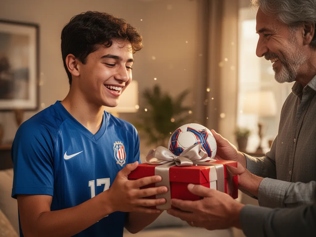 [Young athlete smiling while receiving sports gift from parent in warm indoor setting showing joy and gratitude]
