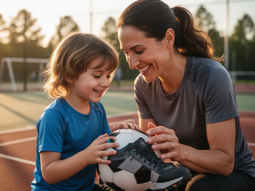 Parent and child bonding over sports equipment in warm natural outdoor lighting