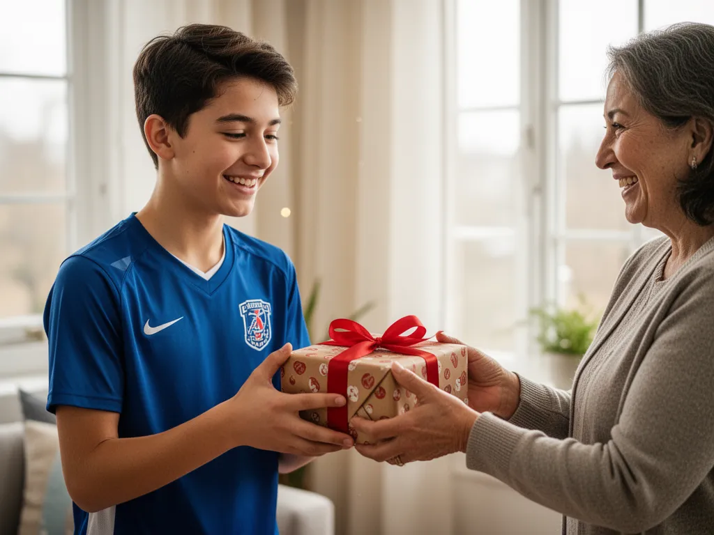 Child athlete smiling while receiving wrapped sporting goods gift from parent indoors