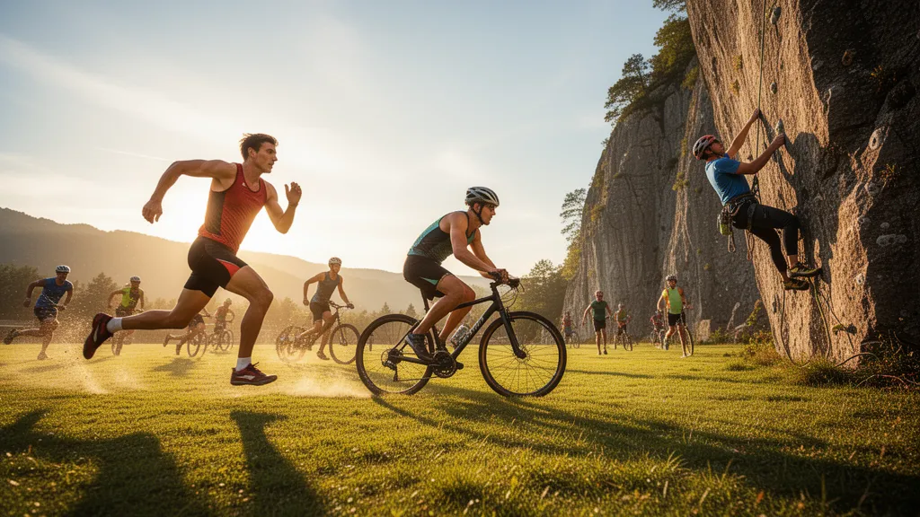 [Athletes in motion including runner, cyclist, and rock climber competing outdoors with natural lighting]