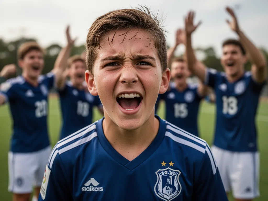 Young player's determined expression with celebrating teammates blurred in background