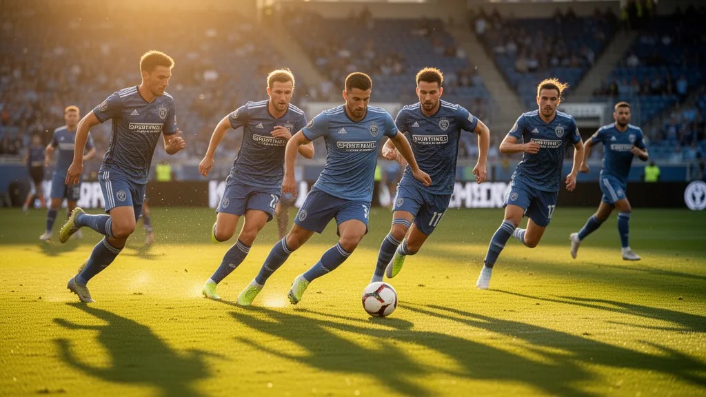 Soccer players in motion competing for the ball during an intense Sporting KC match outdoors