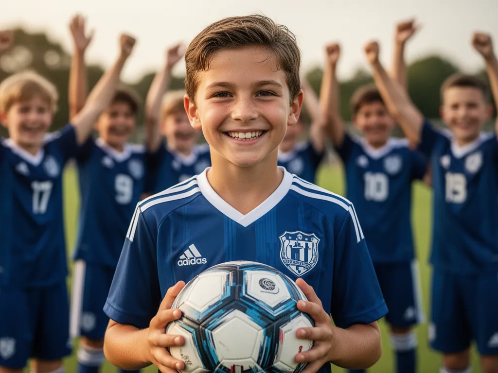 Young soccer player smiling while holding a ball with celebrating teammates blurred behind