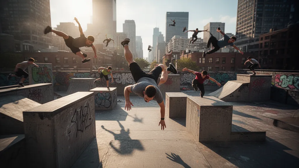 Parkour athletes performing aerial tricks and vaults across urban obstacles in dynamic outdoor motion