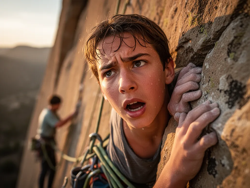 Rock climber's intense concentrated expression while gripping sandstone climbing wall