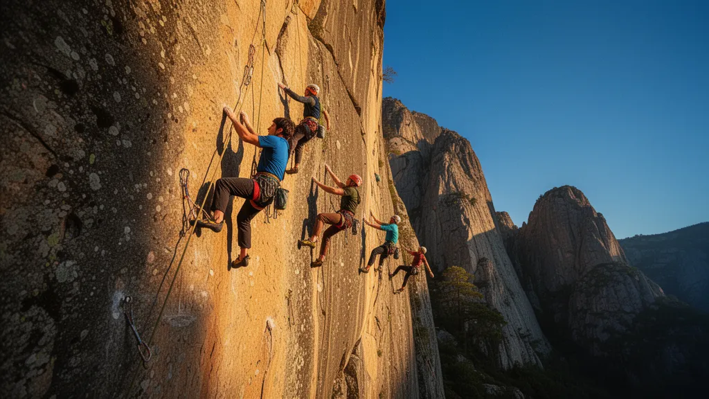 Rock climbers ascending a steep cliff face in bright natural daylight with dynamic motion and intensity