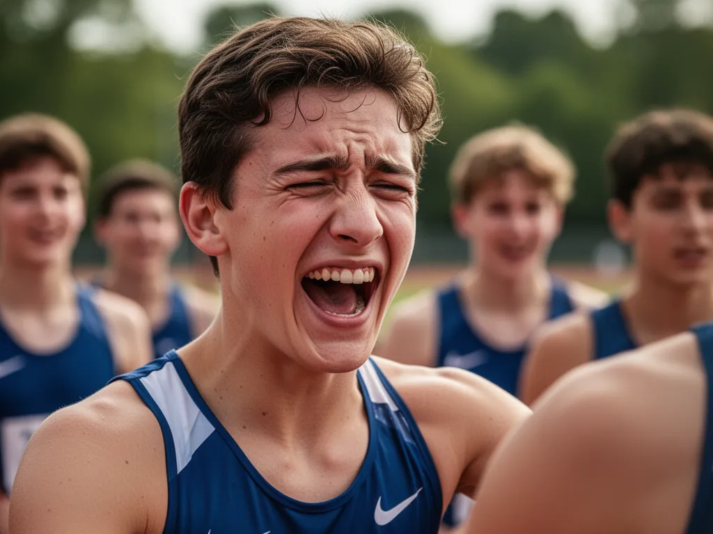 Young athlete celebrating victory with genuine emotion and team support in background