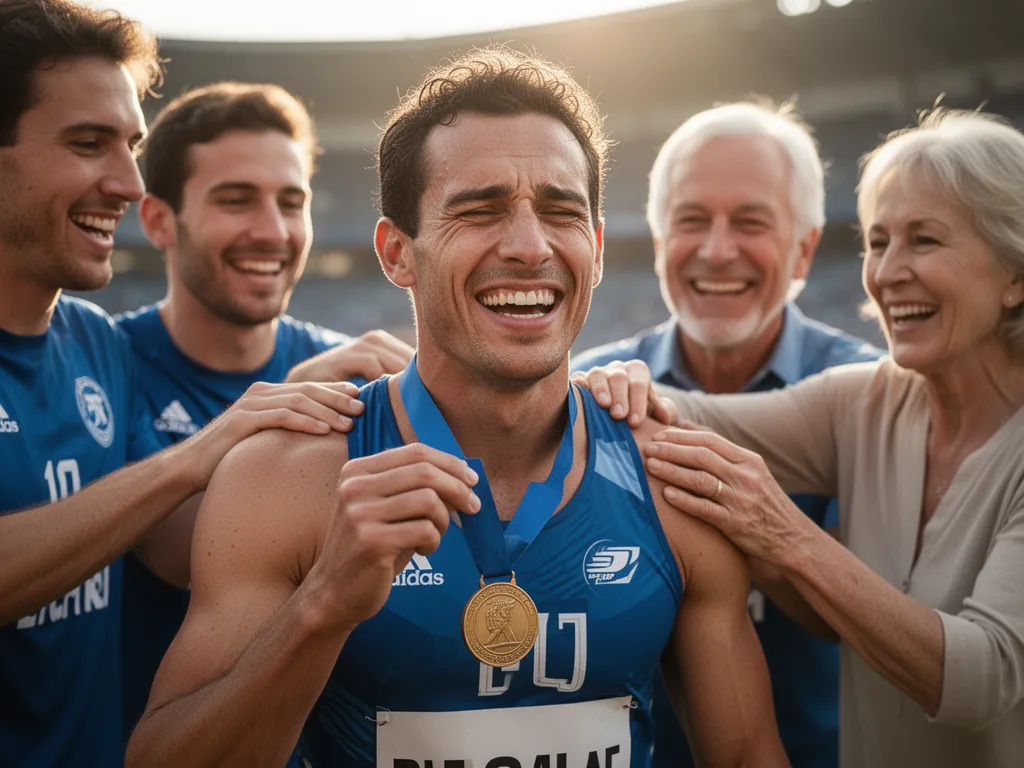 Athlete displaying heartfelt emotion while receiving award with celebrating teammates and family members nearby