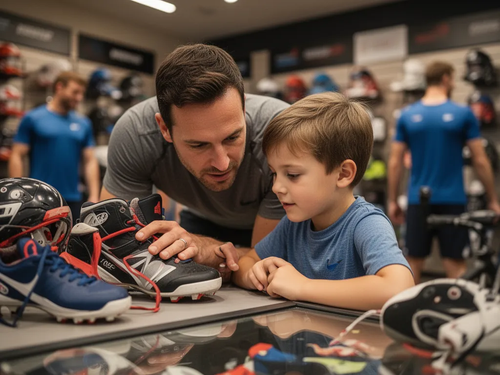 Parent and young child bonding while looking at sports gear together indoors