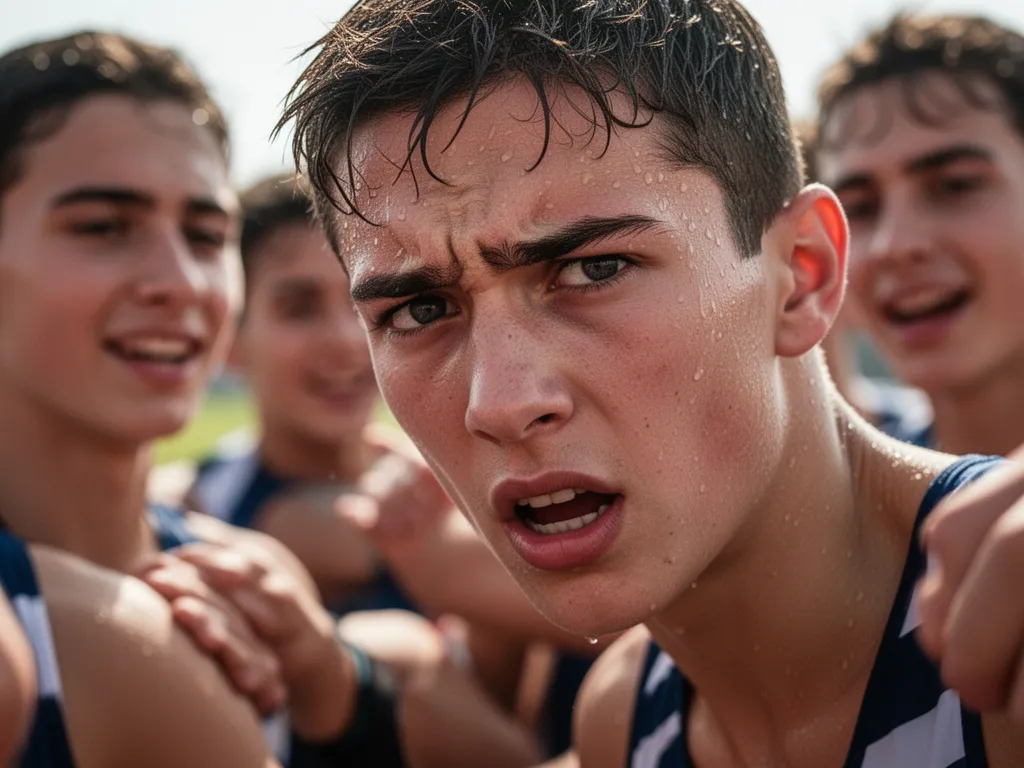 Young athlete's focused expression during intense competition with supportive teammates nearby