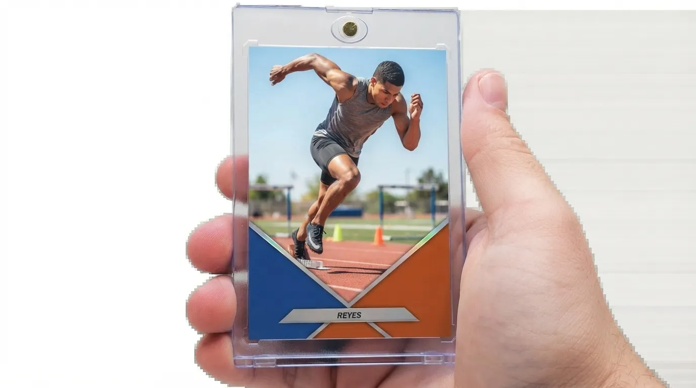 Hand holds magnetic case with sports banner flags trading card of sprinter bursting from blocks.