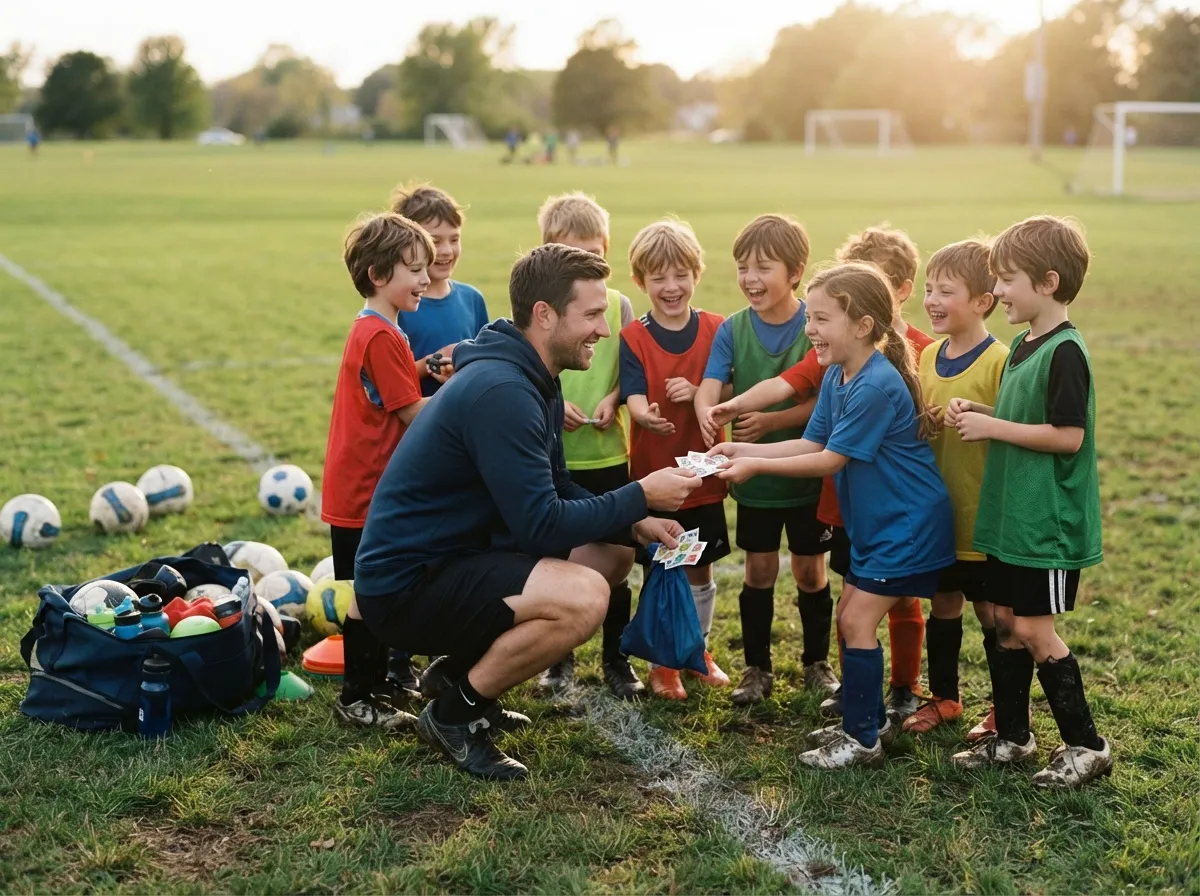 Coach and young athletes share a warm team huddle moment on a sunny field.
