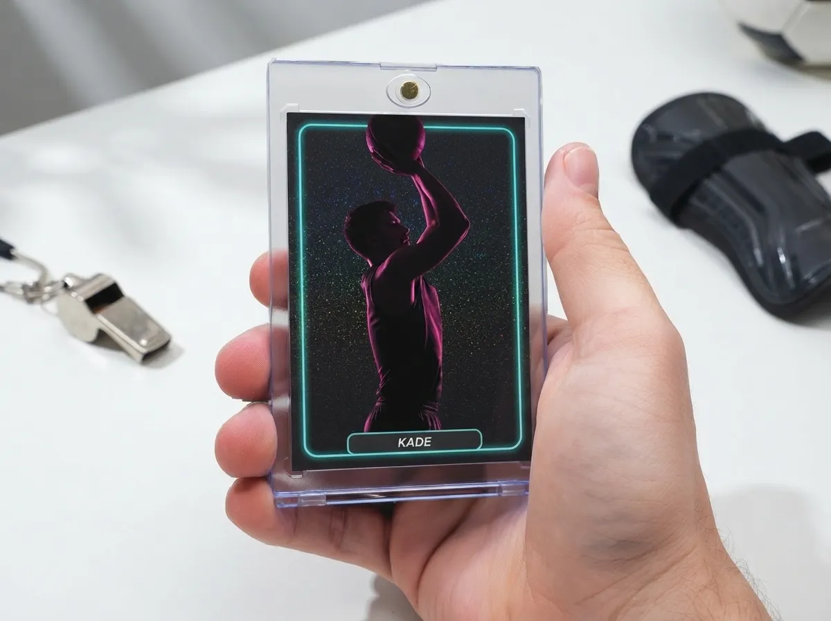 Custom sports trading card in magnetic case shows basketball player lit with neon rim light.