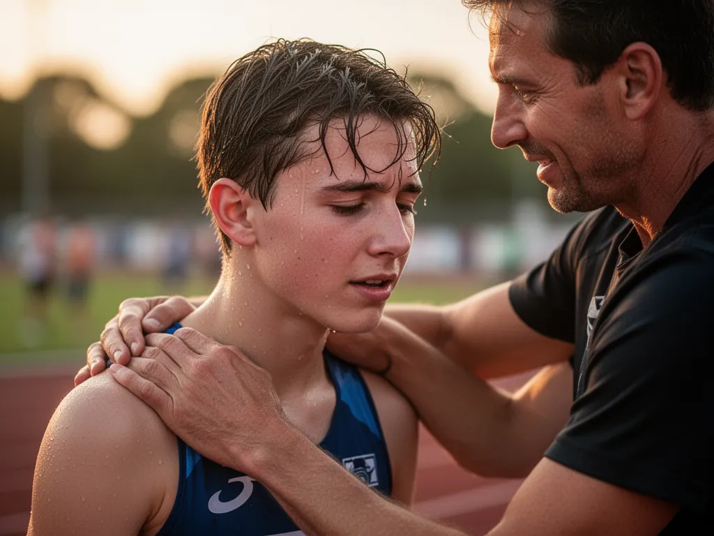 Exhausted young athlete receiving encouragement from coach after finishing competitive race