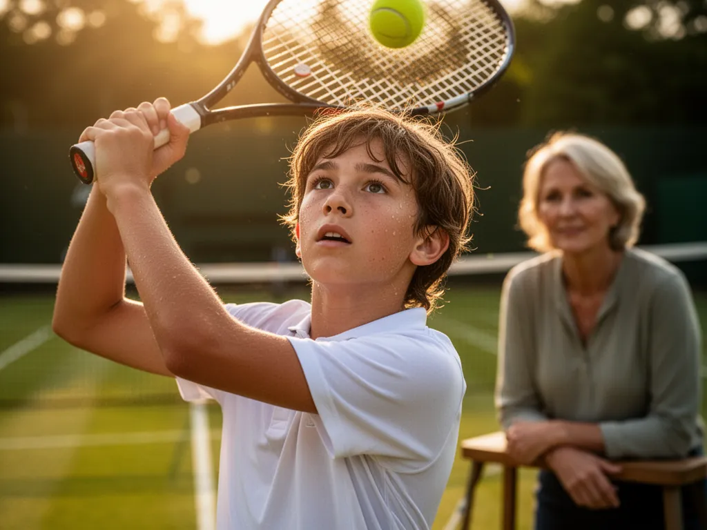 Young tennis player serving with concentrated expression while parent watches supportively courtside