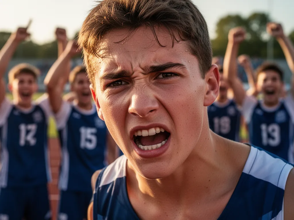 Young athlete's determined face during competition with supportive teammates blurred in background
