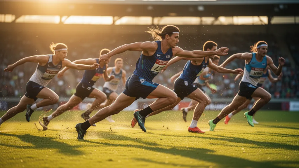 Athletes in motion competing outdoors during dynamic sporting action and natural lighting