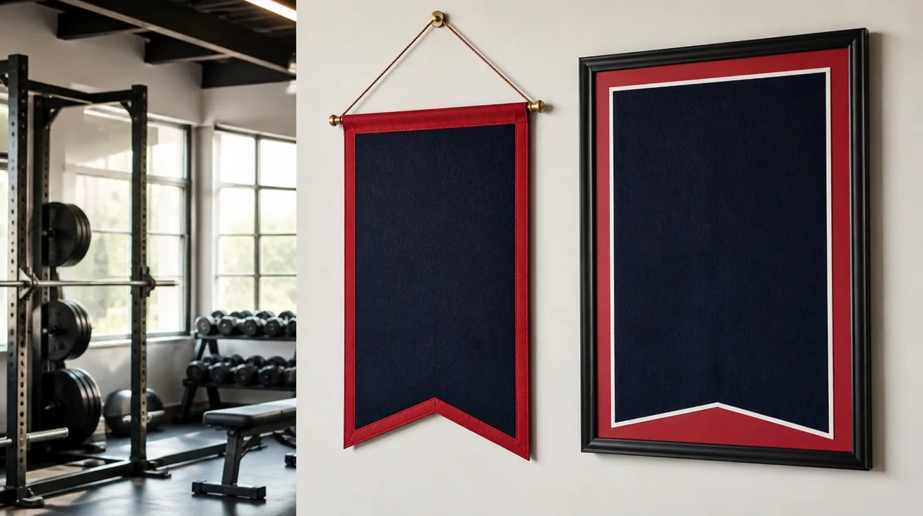 Vibrant sports banners and pennants displayed on a wall