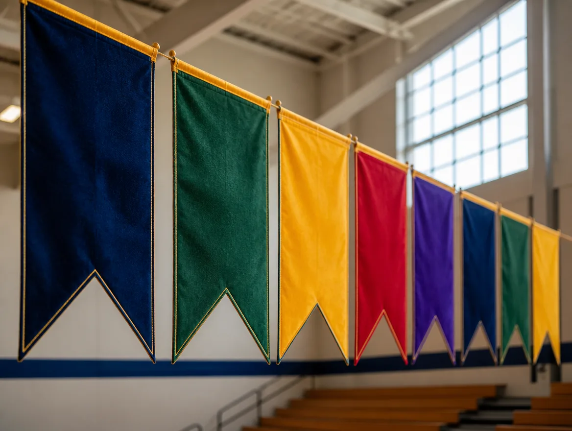 Sports banners displayed across a gymnasium wall