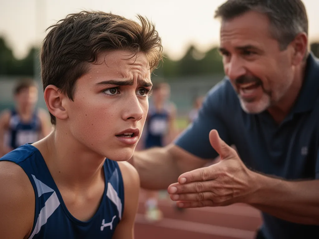 Young athlete's focused expression with coach providing guidance during competitive moment