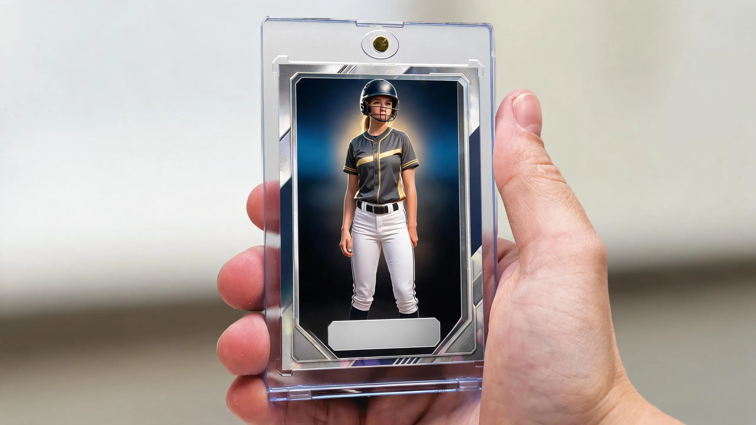 Hand holding magnetic case with athlete card, sports banquet awards ideas keepsake gift.
