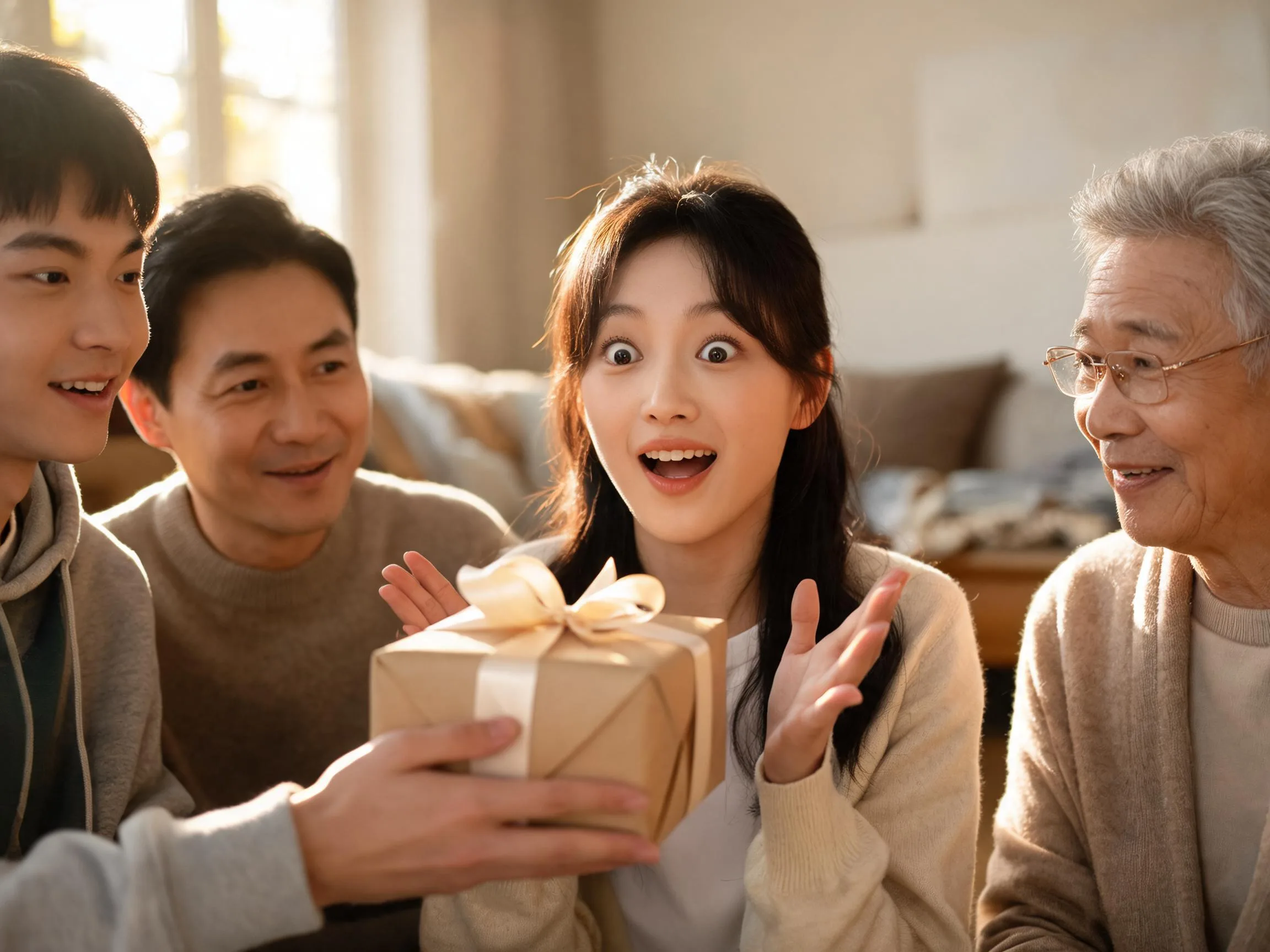 Family surprising a loved one with an unexpected gift, warm emotional reaction captured candidly.