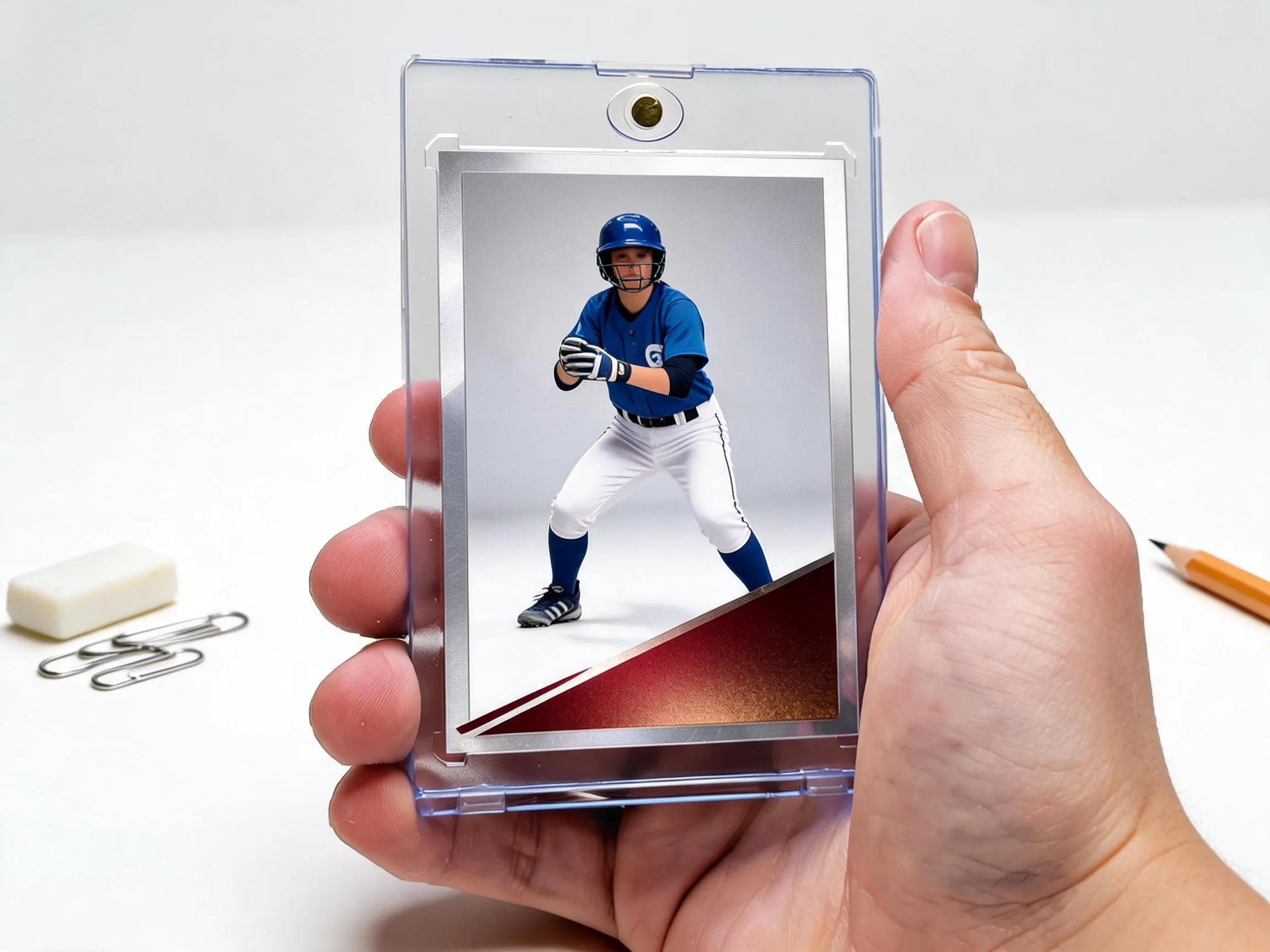 Custom keepsake trading card in magnetic case displayed on white tabletop.