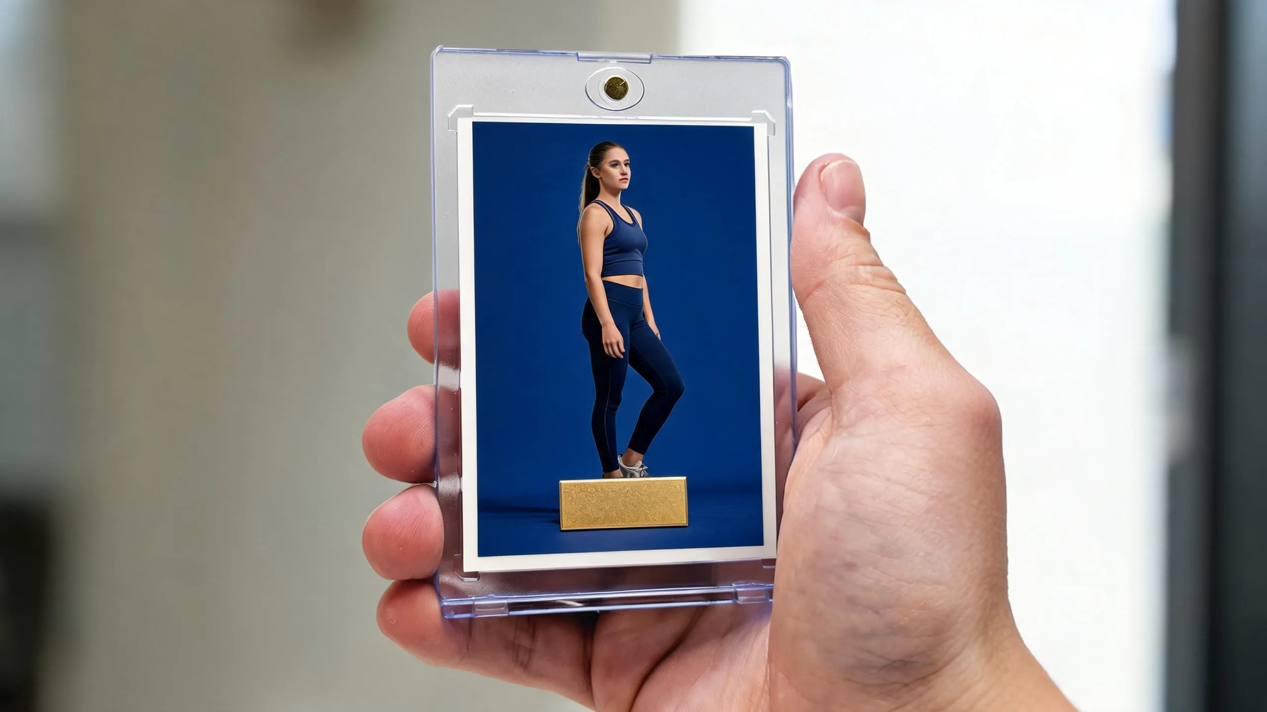 Hand holding magnetic case with athlete card, ideal for sports banquet centerpieces display.