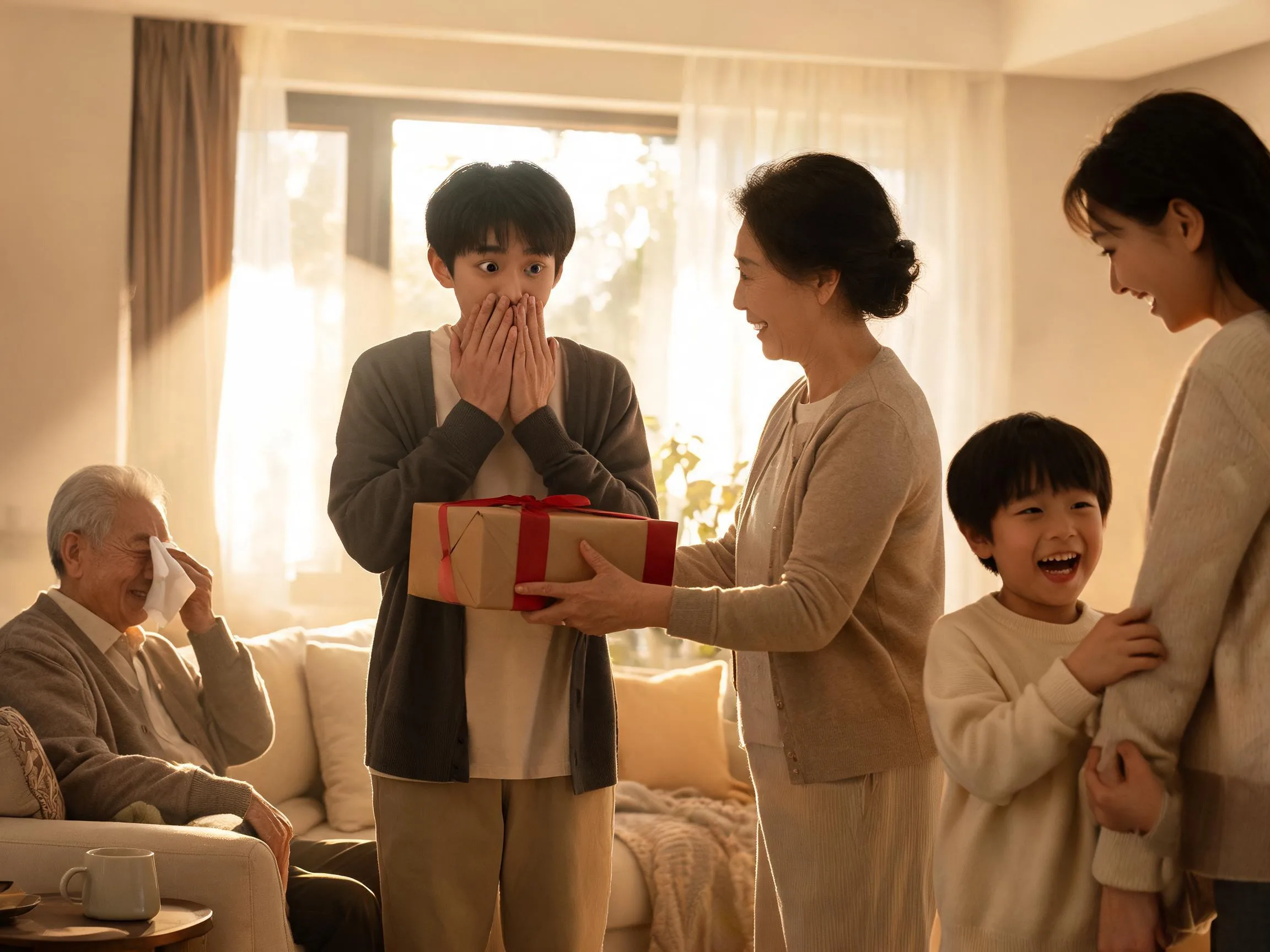 Family sharing a joyful surprised reaction while receiving an unexpected heartfelt gift indoors.