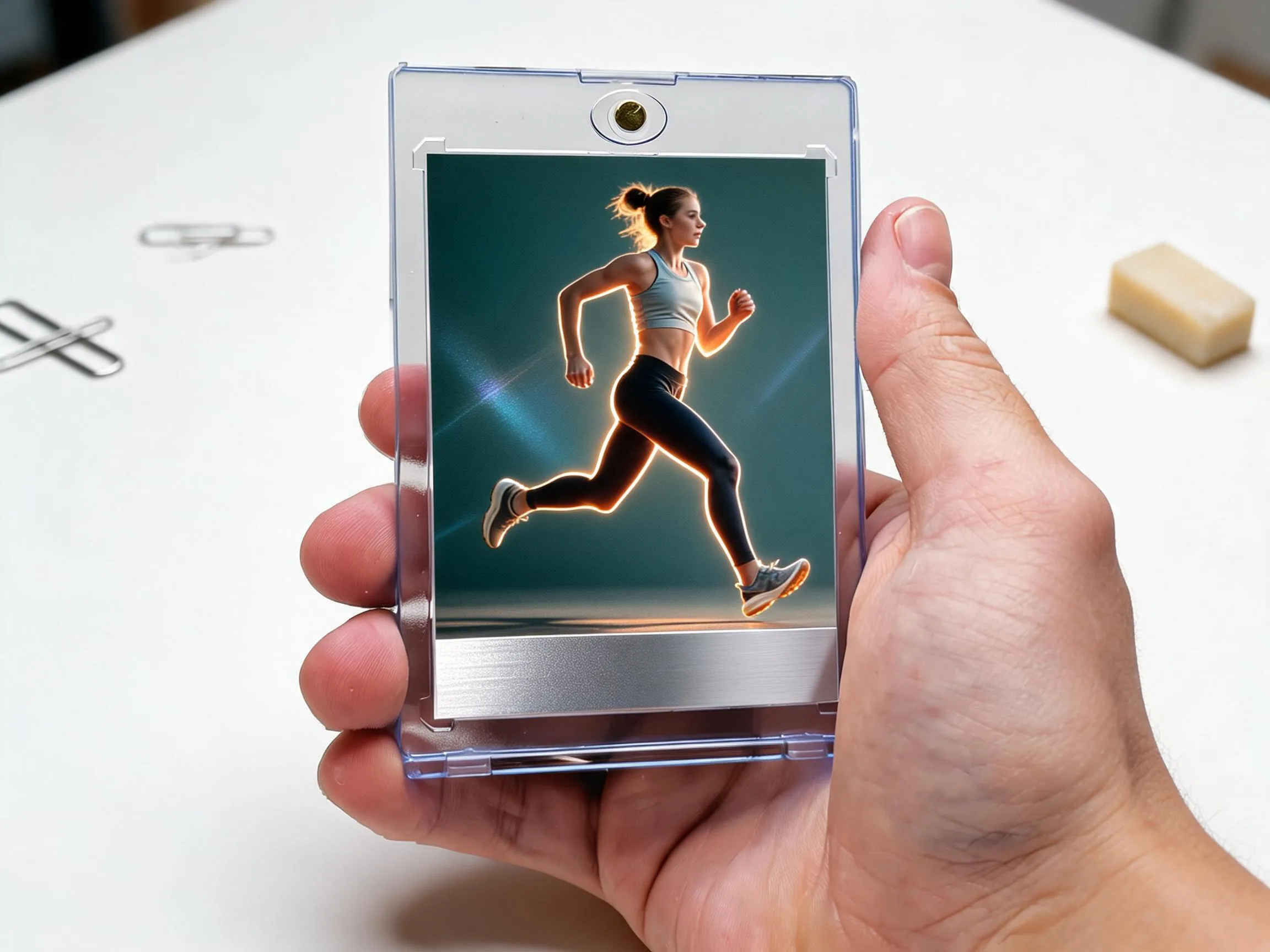 Custom keepsake trading card in clear magnetic case, standing upright on white tabletop.
