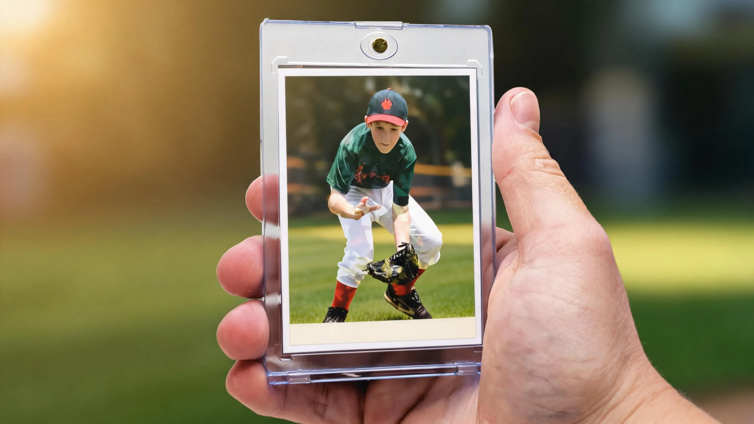 Hand holding magnetic case with athlete card, golden light, sports banquet ideas keepsake gift.