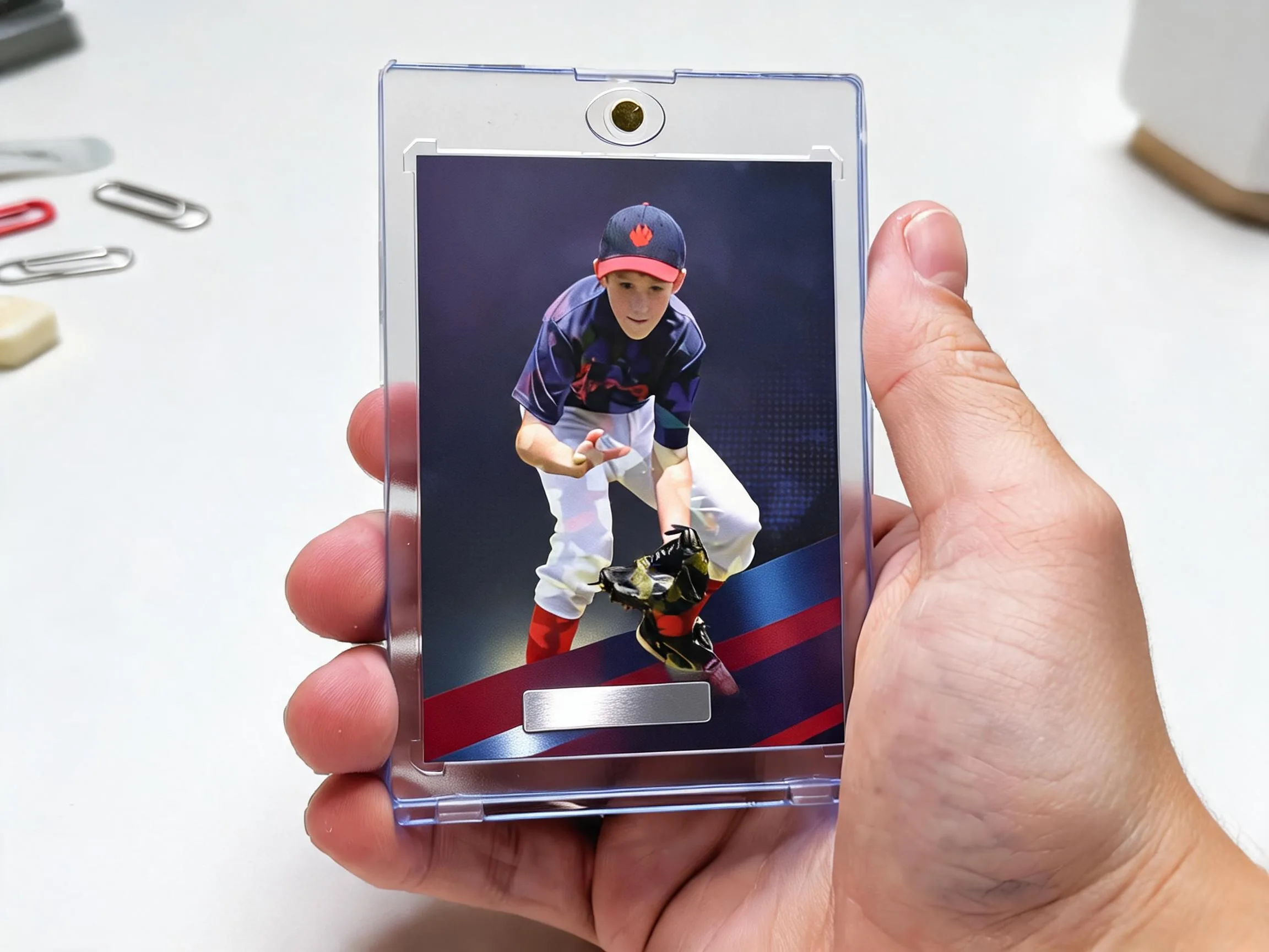 Custom keepsake trading card in clear magnetic case on white tabletop display.