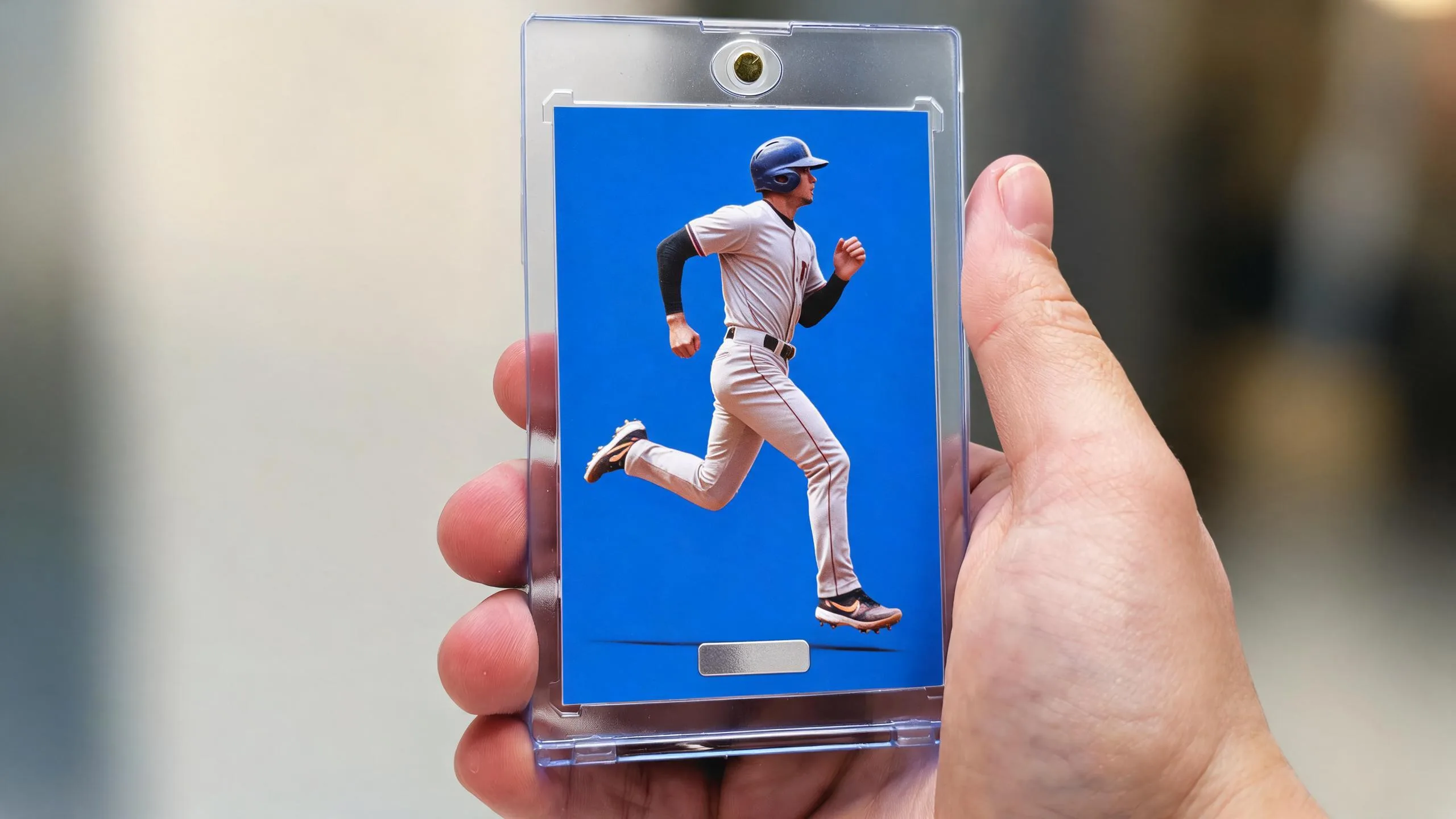 Hand holding magnetic case with runner card, ideal for sports banquet program templates display.