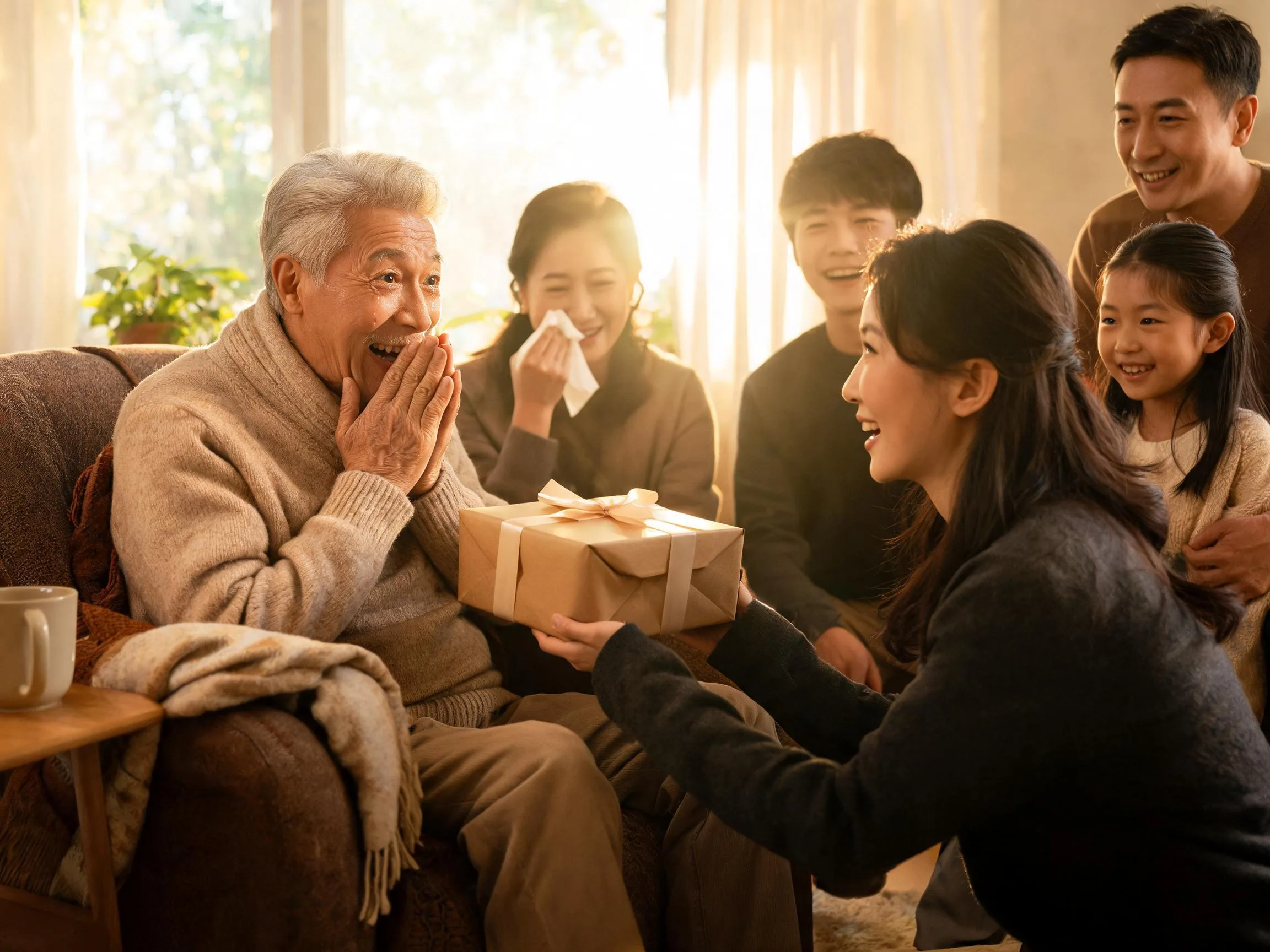 Elderly man's genuine surprised reaction receiving an unexpected gift from family, warm lighting.