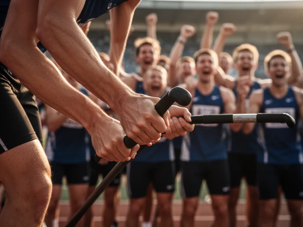 Athlete's hands gripping equipment with cheering team members blurred in background