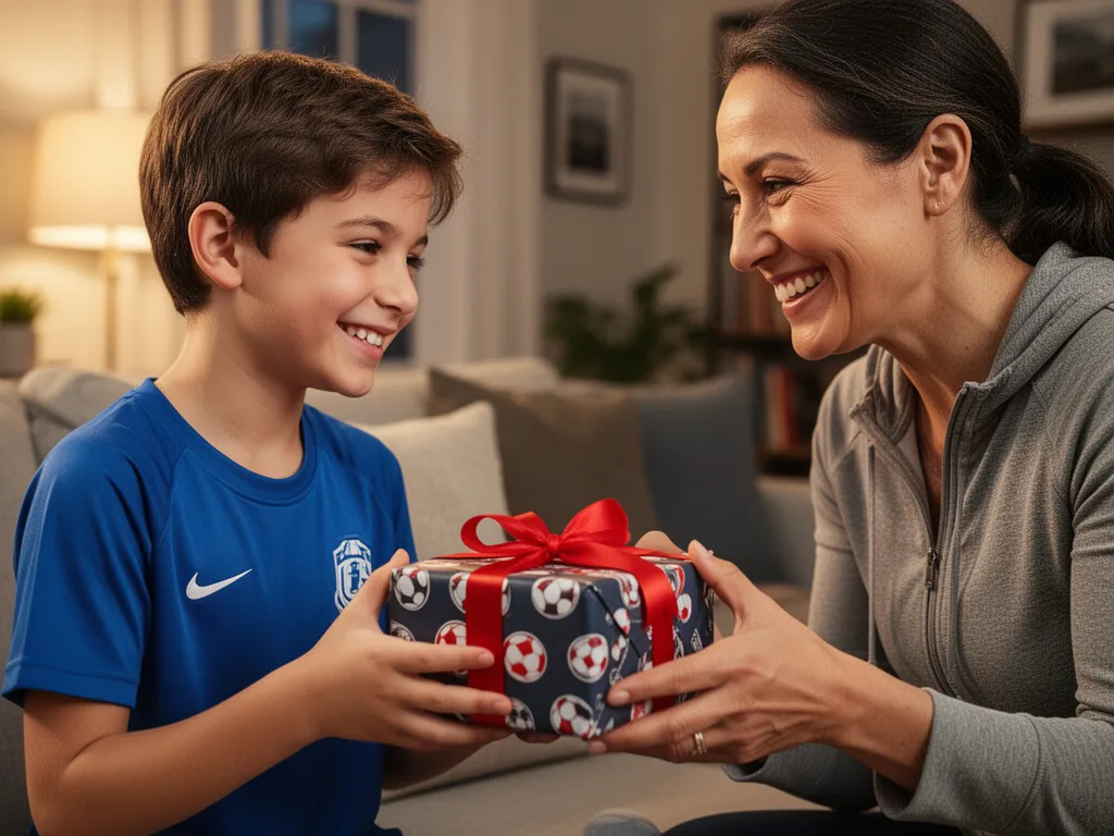 [Parent and child athlete sharing an emotional moment exchanging a birthday sports gift indoors]