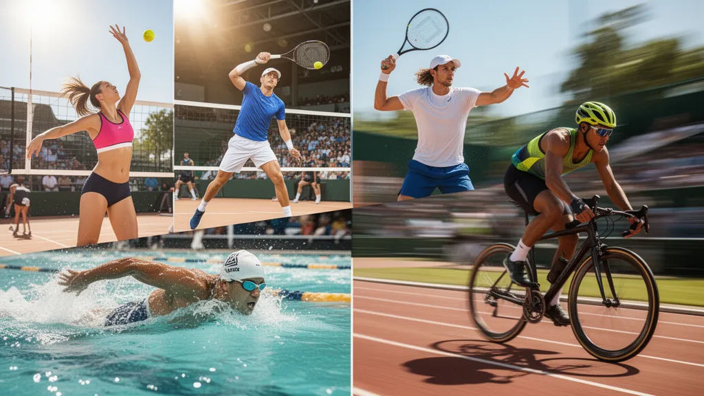 Multiple athletes competing simultaneously in different sports with dynamic motion and natural outdoor lighting.