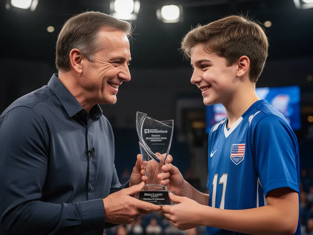 Coach presenting broadcasting gift award to athlete with genuine celebration and emotional connection moment.