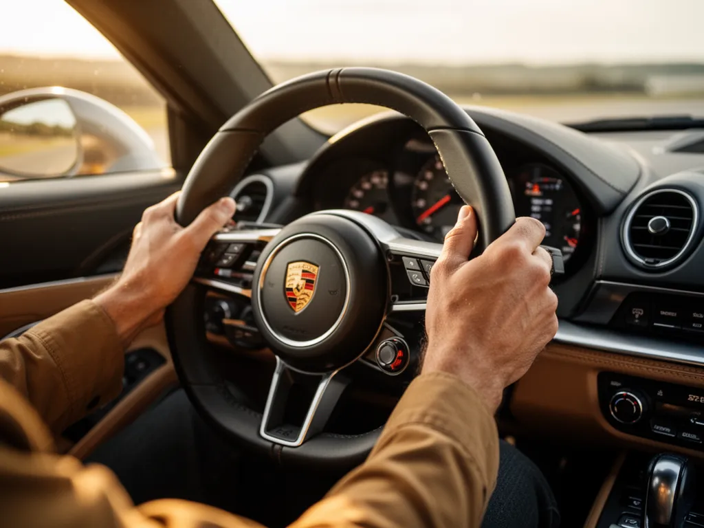 Driver's hands on steering wheel showing focus and control in sports car cockpit
