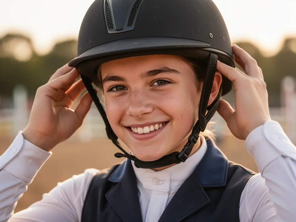 Young rider adjusting helmet with confident expression before equestrian competition event